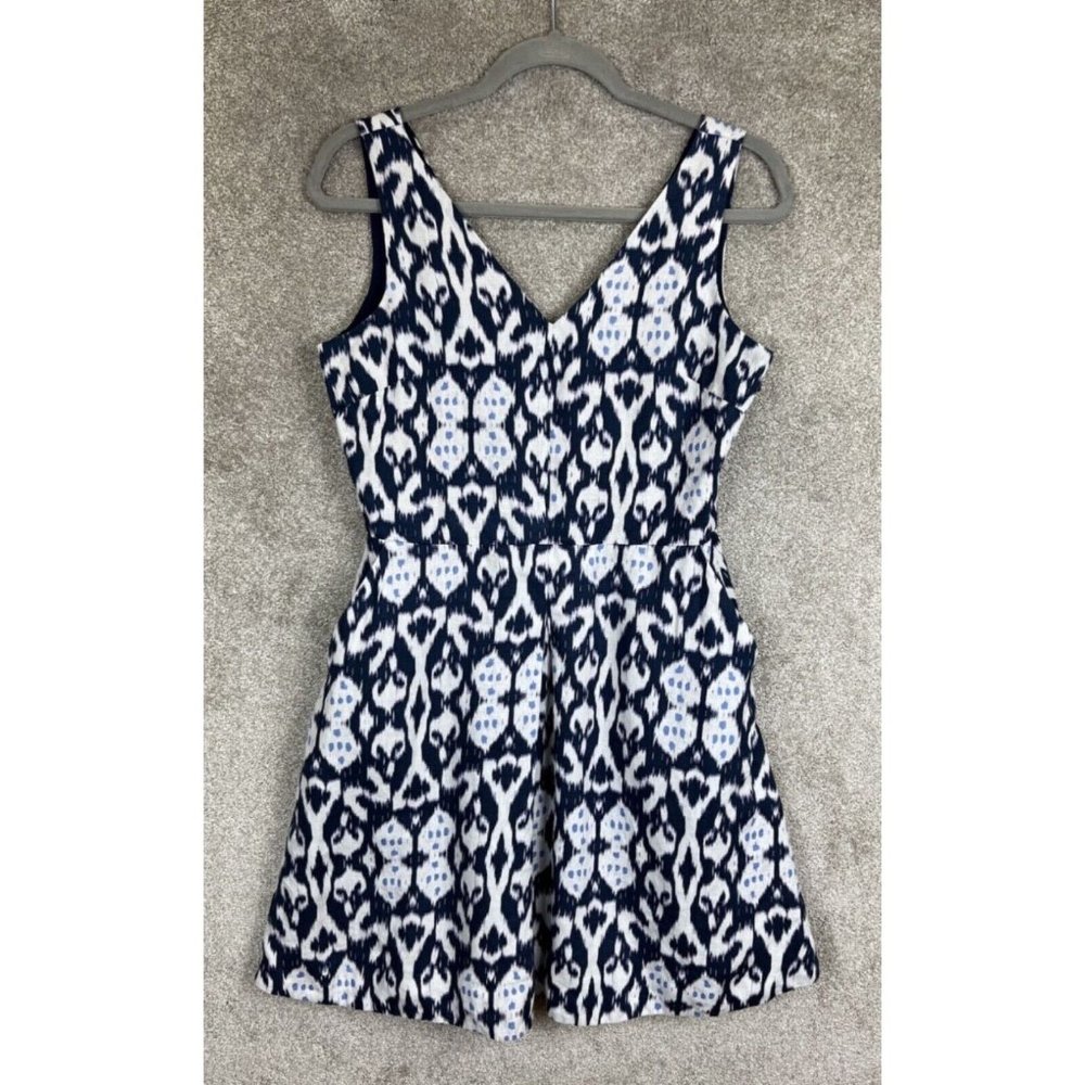 Gap Dress Womens 6 Blue White Linen Sleeveless V Neck Side Zip Lined- 7988